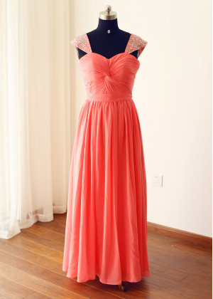 Beaded Coral Red Chiffon Corset Back Trendy Bridesmaid Dress
